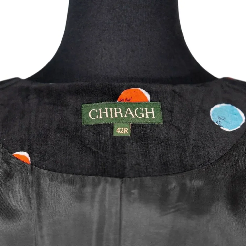 Mens Velvet Vest 42R Black Orange Blue Polka Dot Waistcoat Formal Wedding Party